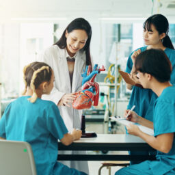 Learning, professor and students with heart in hospital for lesson, education or practical training. People, study and healthcare group with mentor in cardiology with human model at college in Japan