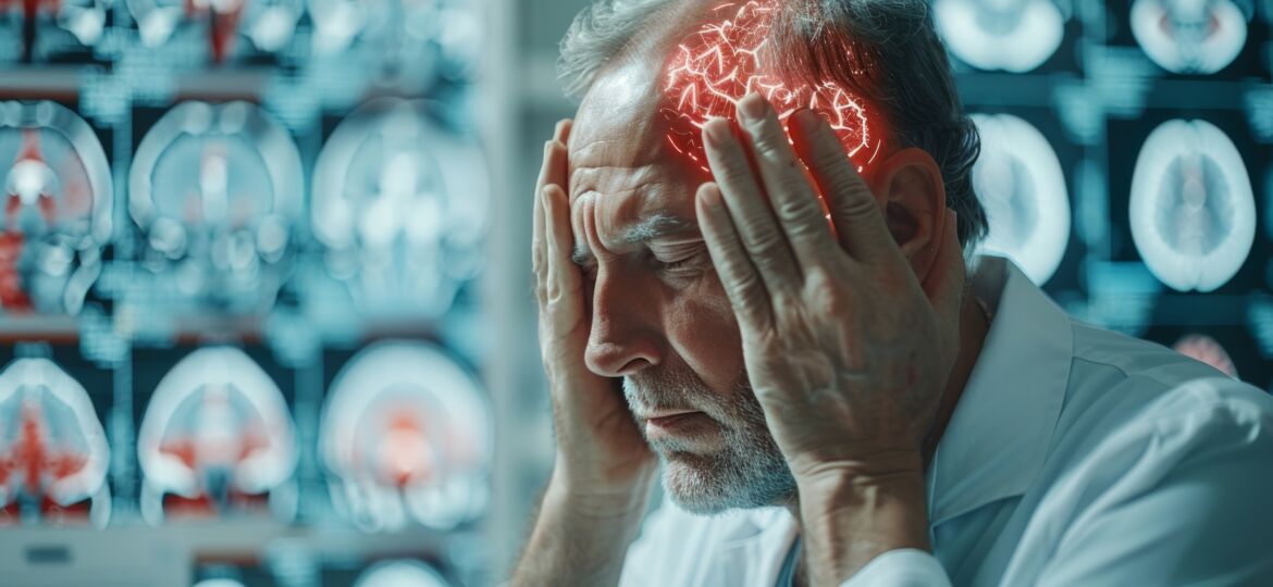 A man holds his head, he feels depression, stress, headache, tired of work