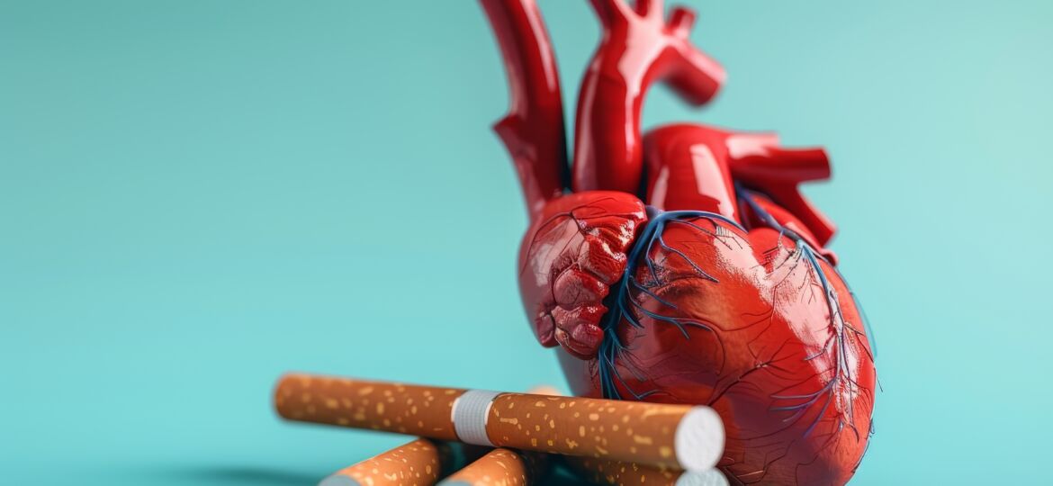 A heart is surrounded by three cigarette butts