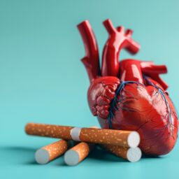 A heart is surrounded by three cigarette butts. The heart is red and the cigarettes are white. Concept of danger and the harmful effects of smoking on the body
